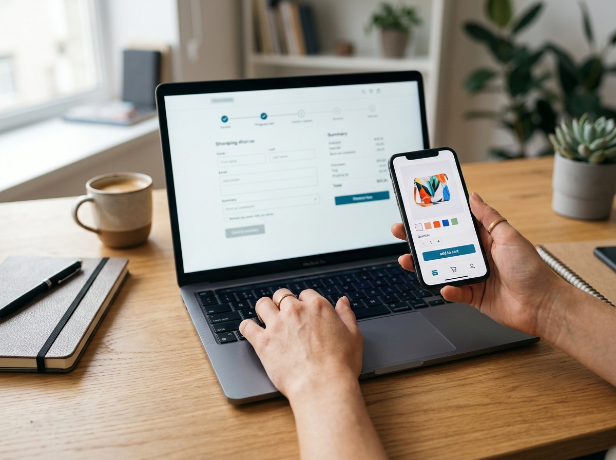 Mobile and laptop ecommerce checkout testing on a work desk
